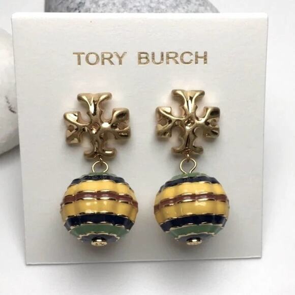 NWOT Tory Burch Gold Logo/ Yellow Multi Drop Stud Earrings - Picture 2 of 6
